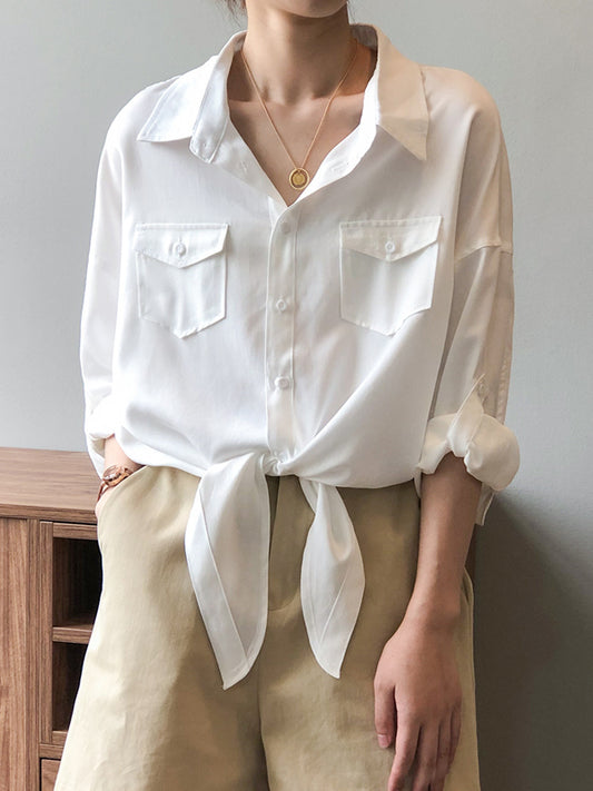 Urban Simple Solid Color Buttoned Split-Joint With Pocket Lapel Collar Long Sleeves Blouse