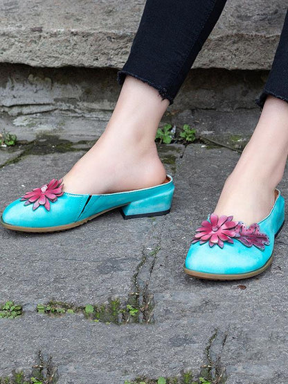 Genuine Leather Flower Decorated Round Toe Mules&Slides