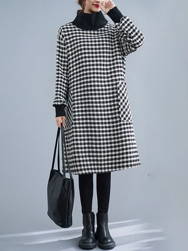 Casual Loose Plaid With Pocket High-Neck Long Sleeves Midi Dress