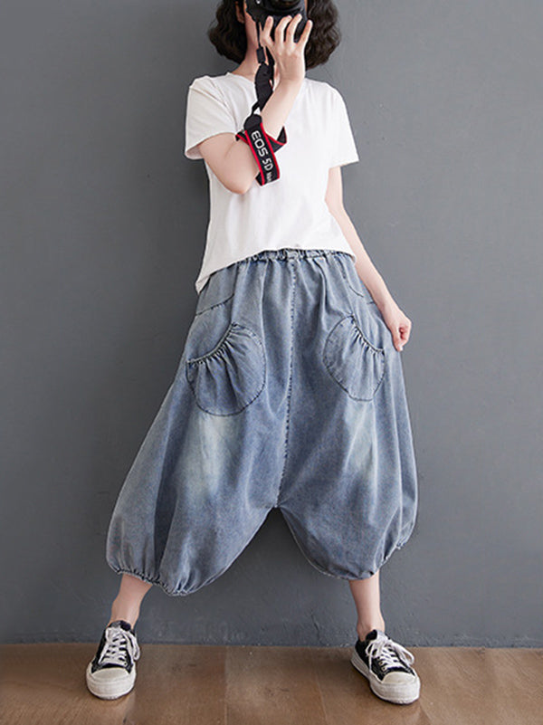 Loose Casual Elasticity High-Waist Wide Legs Jean Pants Knickerbockers