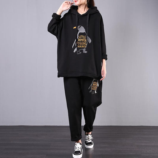 Buykud Penguin Embroidery Casual Two Piece Suit