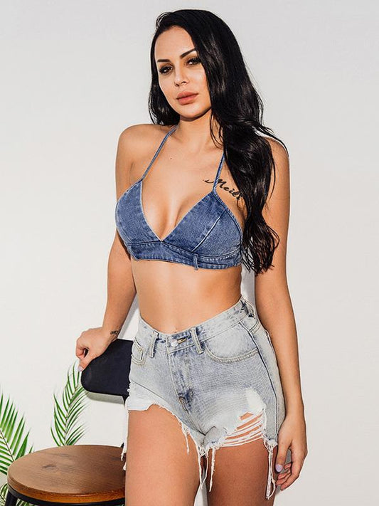 Sexy Lace-up V-neck Jean Sports Bra