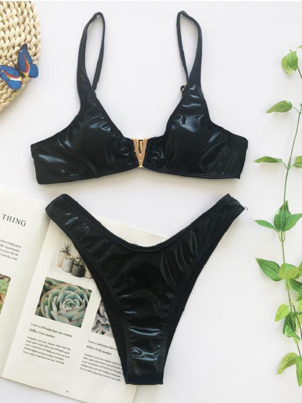 V-Neck Pecial Metal Buckle Vest Bikini Swimsuit