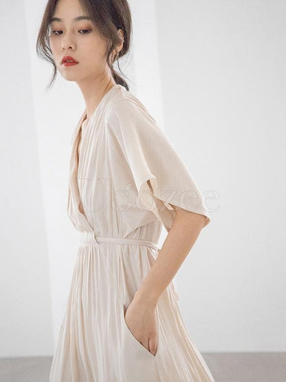 Loose Solid V-neck Bandage Cropped Midi Dress