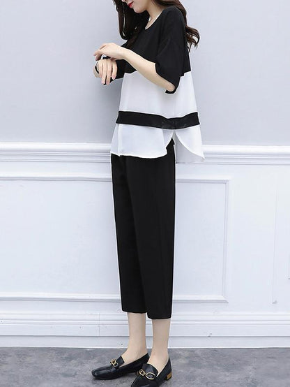 Chiffon Office Loose Elastic Waist White Black Suit