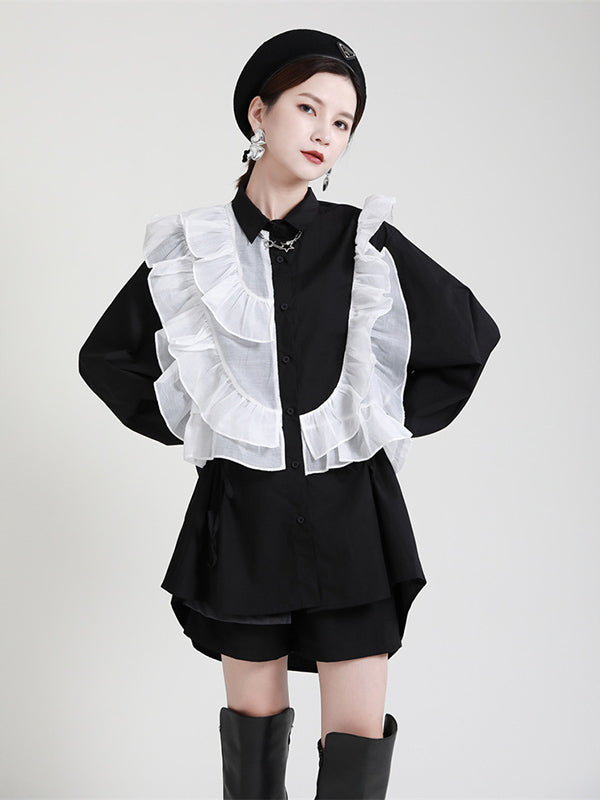 Stylish Irregular Contrast Color Split-Joint Falbala Mesh Drawstring Buttoned Lapel Collar Long Sleeves Blouse