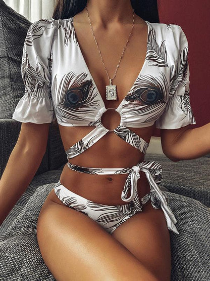 V-Neck Bandage Short Sleeves Printing Bikini Swimsuit