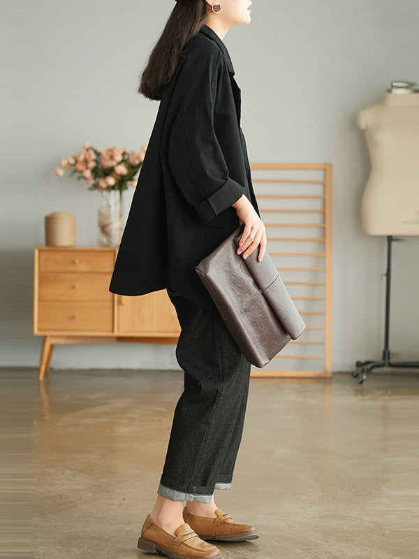 Simple Solid Color Notched Collar Batwing Sleeve Outerwear