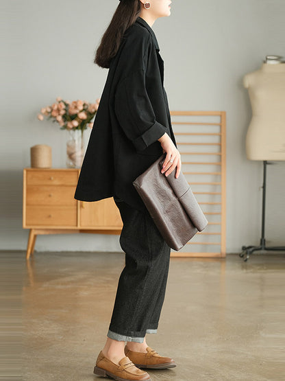 Simple Solid Color Notched Collar Batwing Sleeve Outerwear