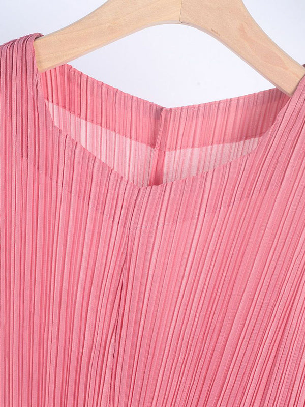 Casual Sleeveless Loose Pleated Solid Color Round-Neck Midi Dresses