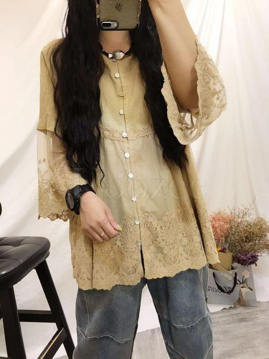 Retro Lace Embroidered Gauze Sleeves Shirt