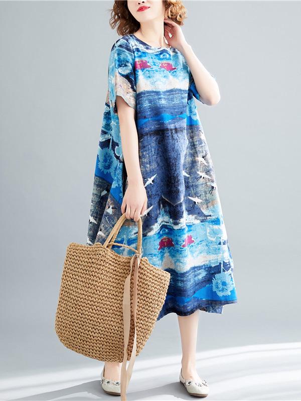 Ramie Cotton Plus Size Printing Style Midi Dresses