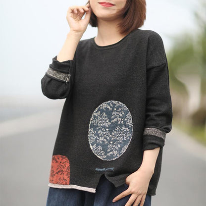 Buykud Retro Casual Pattern Printed Loose Knitted Shirt