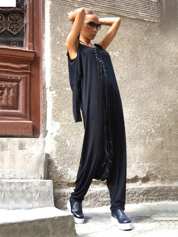 Loose Black Cold-shoulder Long Sleeves Jumpsuits