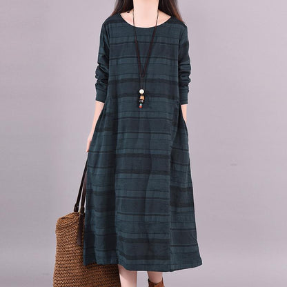 Buykud Comfortable Round Neck Casual Striped Loose Dress