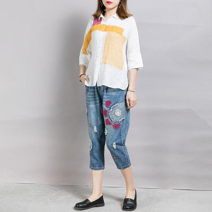 Casual Appliques Frayed Light Blue Jeans