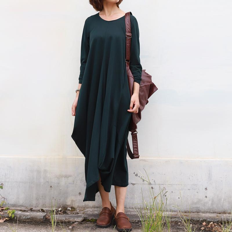 Buykud Pure Color Irregular Round Collar Loose Dress