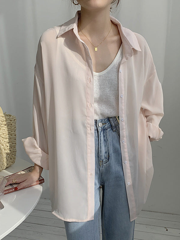 Simple Buttoned Lapel Sun Protection Long Sleeves Blouse Tops