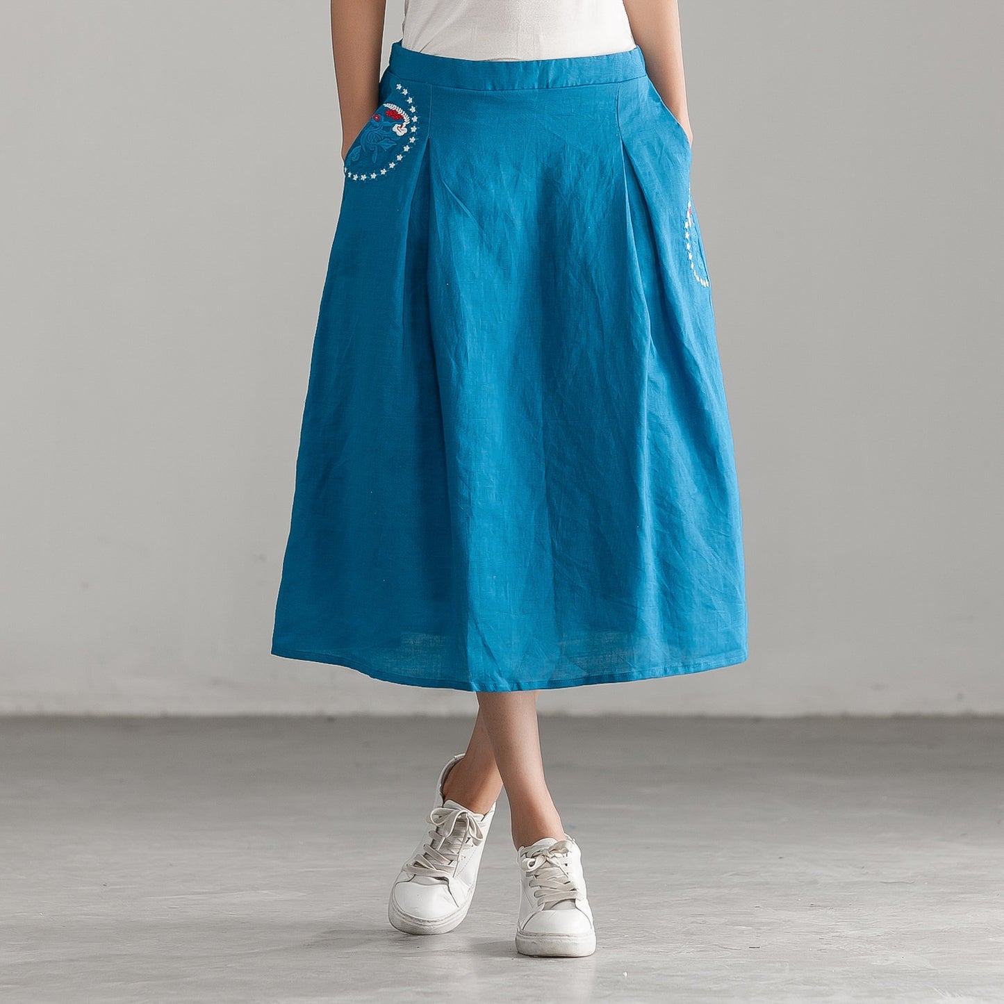 Embroidery Blue Casual Cotton Linen Calf Length Skirt