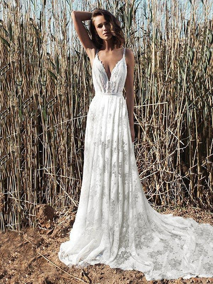 Deep V-neck Backless Big Hem Wedding Dress