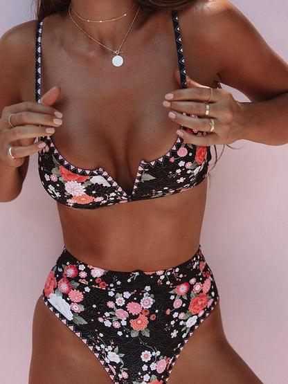 Floral-Print V-Neck Split Bikini Swimsuit