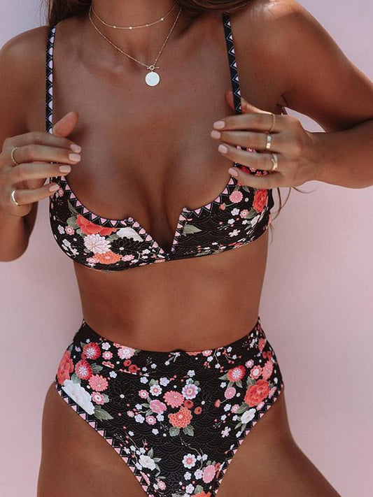 Floral-Print V-Neck Split Bikini Swimsuit