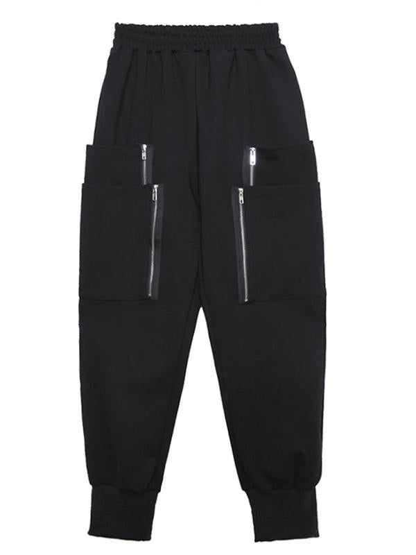 Loose Solid Pocket Zipper Overall Pants