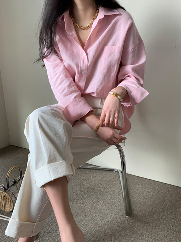 Urban Ramie Cotton Solid Color Lapel Long Sleeves Blouse