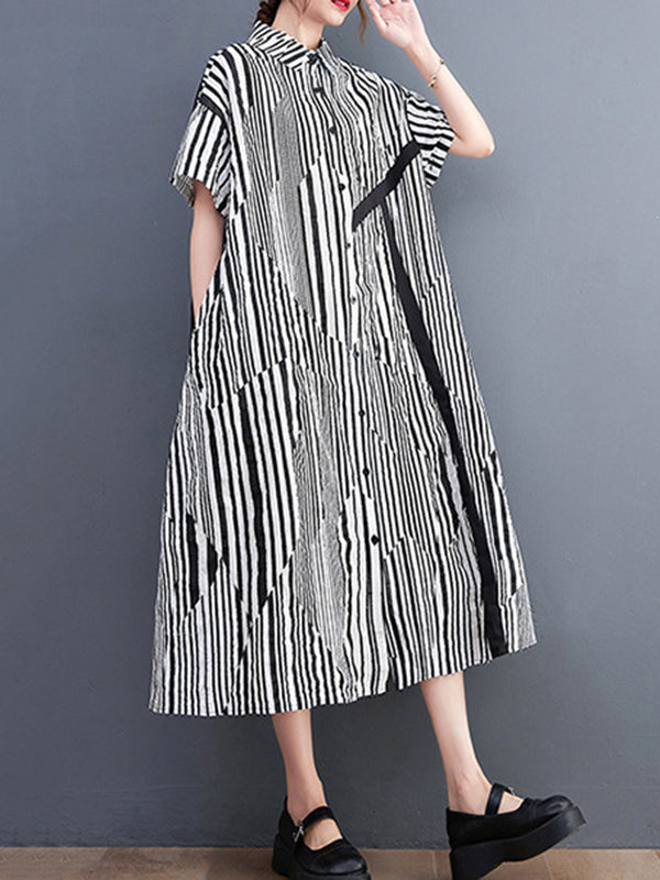 Artistic Retro Loose Striped Contrast Color Midi Shirt Dress