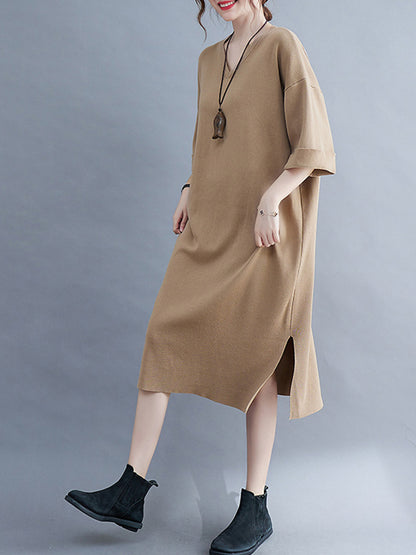 Urban Solid Color V-Neck Split-Side Knitting H-Line Sweater Dress