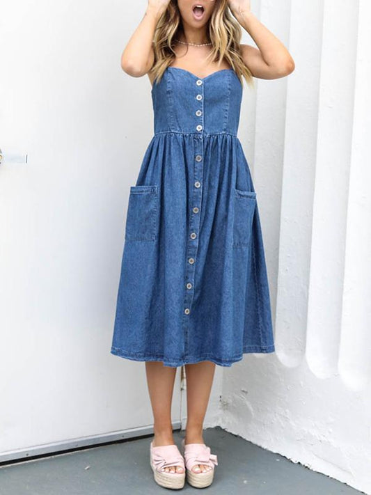Sexy Spaghetti-neck Button Front Midi Dress