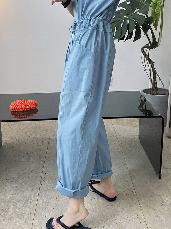 Urban Drawstring Elastic High Waisted Short Sleeves Wide Leg Jumpsuits
