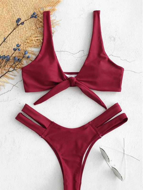 Vest Knotted Solid Color Split Bikini Swimsuit