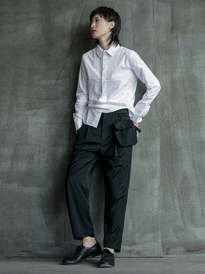 Urban Asymmetric Solid Color Buttoned Lapel Long Sleeves Blouse Tops