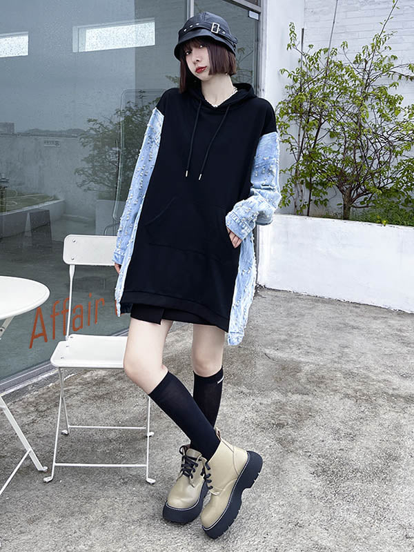 Original Stylish Loose Denim Split-Joint Hooded Long Sleeves Hoodies