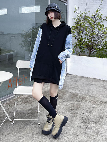 Original Stylish Loose Denim Split-Joint Hooded Long Sleeves Hoodies