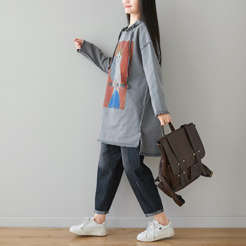 Buykud Cartoon Cats Fringed Hem Loose Hoodie