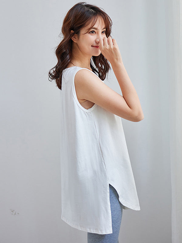 Casual Split-Side High-Low Round-Neck Sleeveless Vest Tops