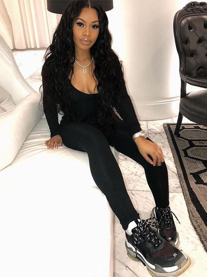 Solid Color Long Sleeves U-Neck Jumpsuits