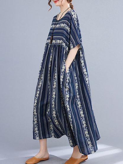 Vintage Striped Printed Round-Neck Short Sleeves Midi Dress