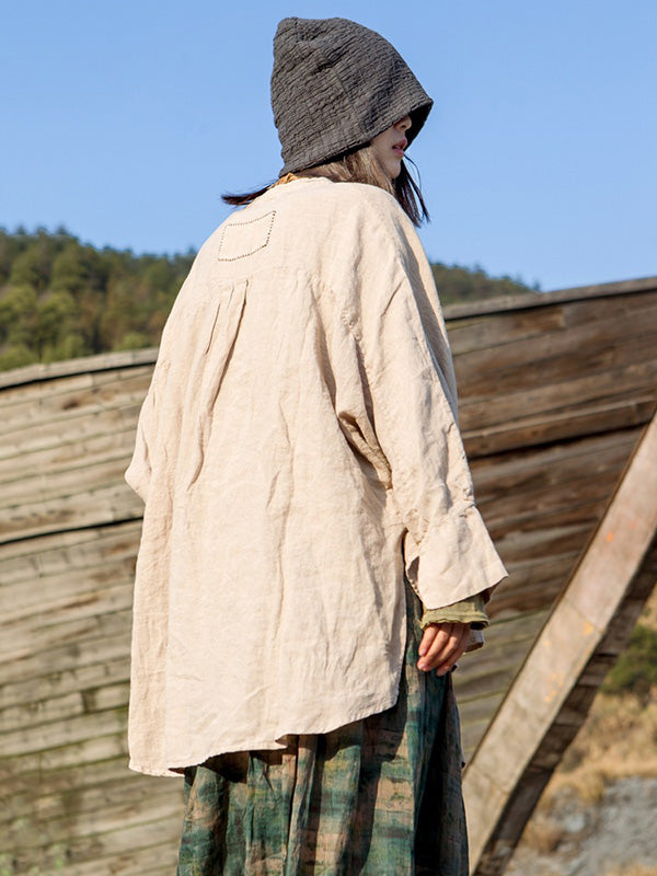 Artistic Retro Irregular Ramie Cotton Pleated V-Neck Long Sleeves T-Shirt