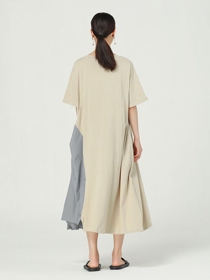 Stylish Asymmetric Split-Joint Round-Neck Loose Short Sleeves Midi Dress