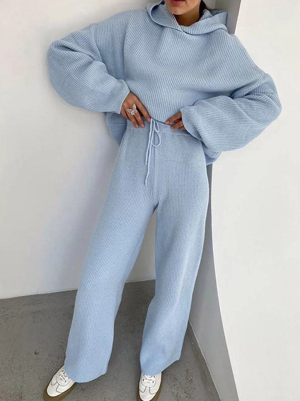 Simple Casual Solid Color Knitted Hoodies+Knitted Elasticity Wide Leg Pants 2 Pieces Set
