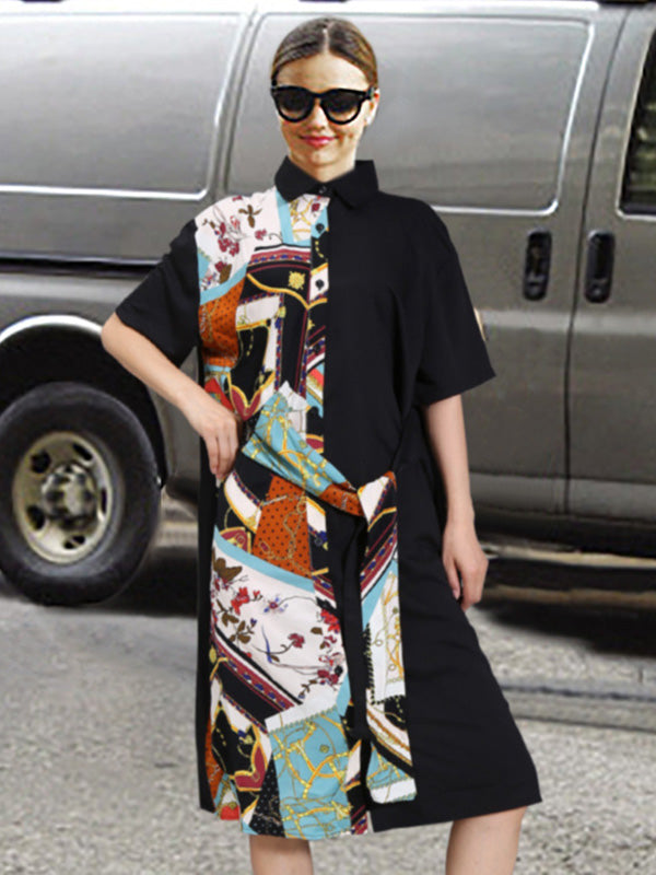 Original Printing Lapel Split-Joint Shirt Dress