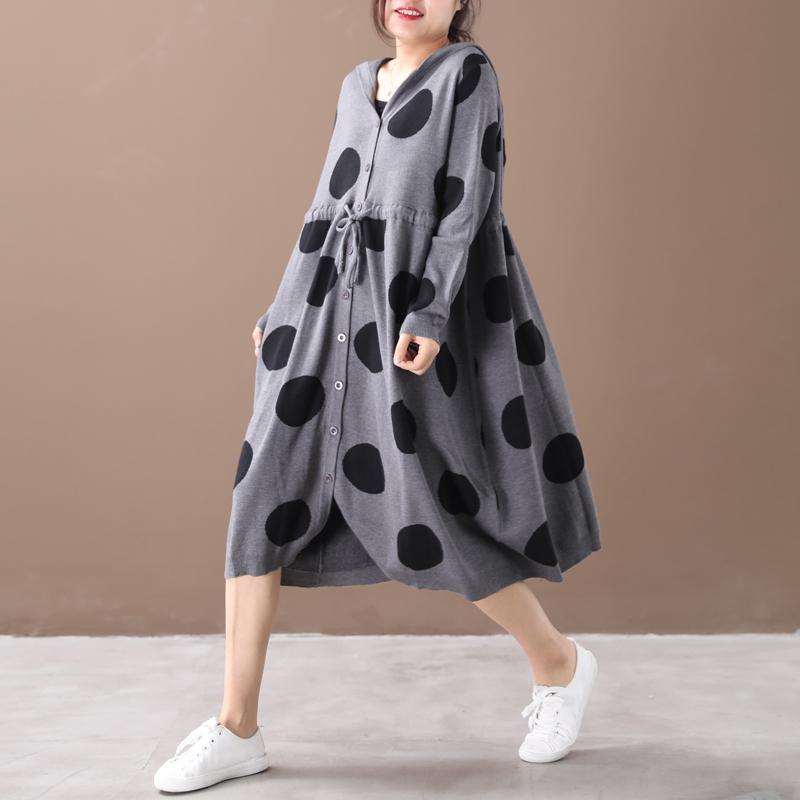 Buykud Literary Polka Dot Drawstring Comfortable Hooded Dress