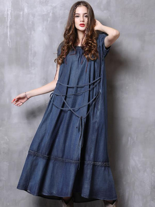 Simple Strap Loose Denim Midi Dresses