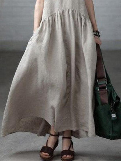 Beige Linen V-neck Sleeveless Ruffled Long Dress