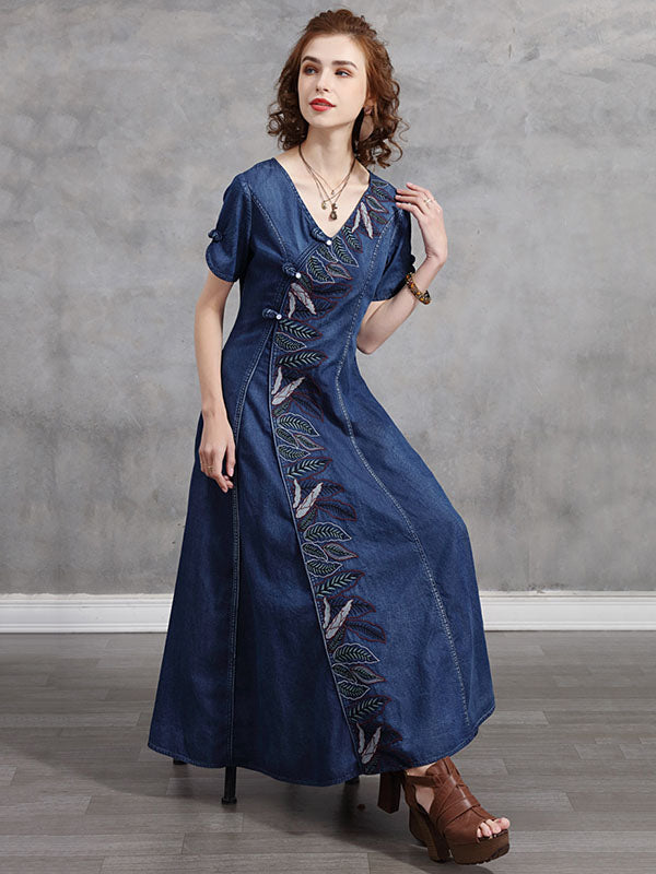 Original Asymmetric Embroidered Loose Short Sleeves Midi Dress