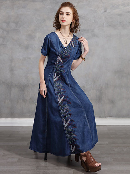 Original Asymmetric Embroidered Loose Short Sleeves Midi Dress