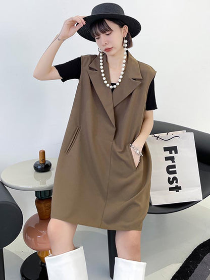 Urban Solid Color Split-Joint Notched Collar Sleeveless Mini Blazer Dress